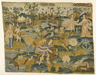 Gesticktes Bild: Mann mit einem Löwen in einer Landschaft mit zwei Paaren, 2. Hälfte des 17. Jahrhunderts